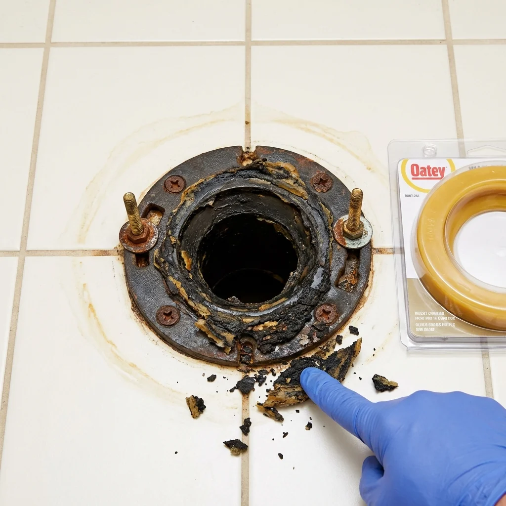 Failed wax ring showing water seepage at the base of a toilet in a Leachville, AR home