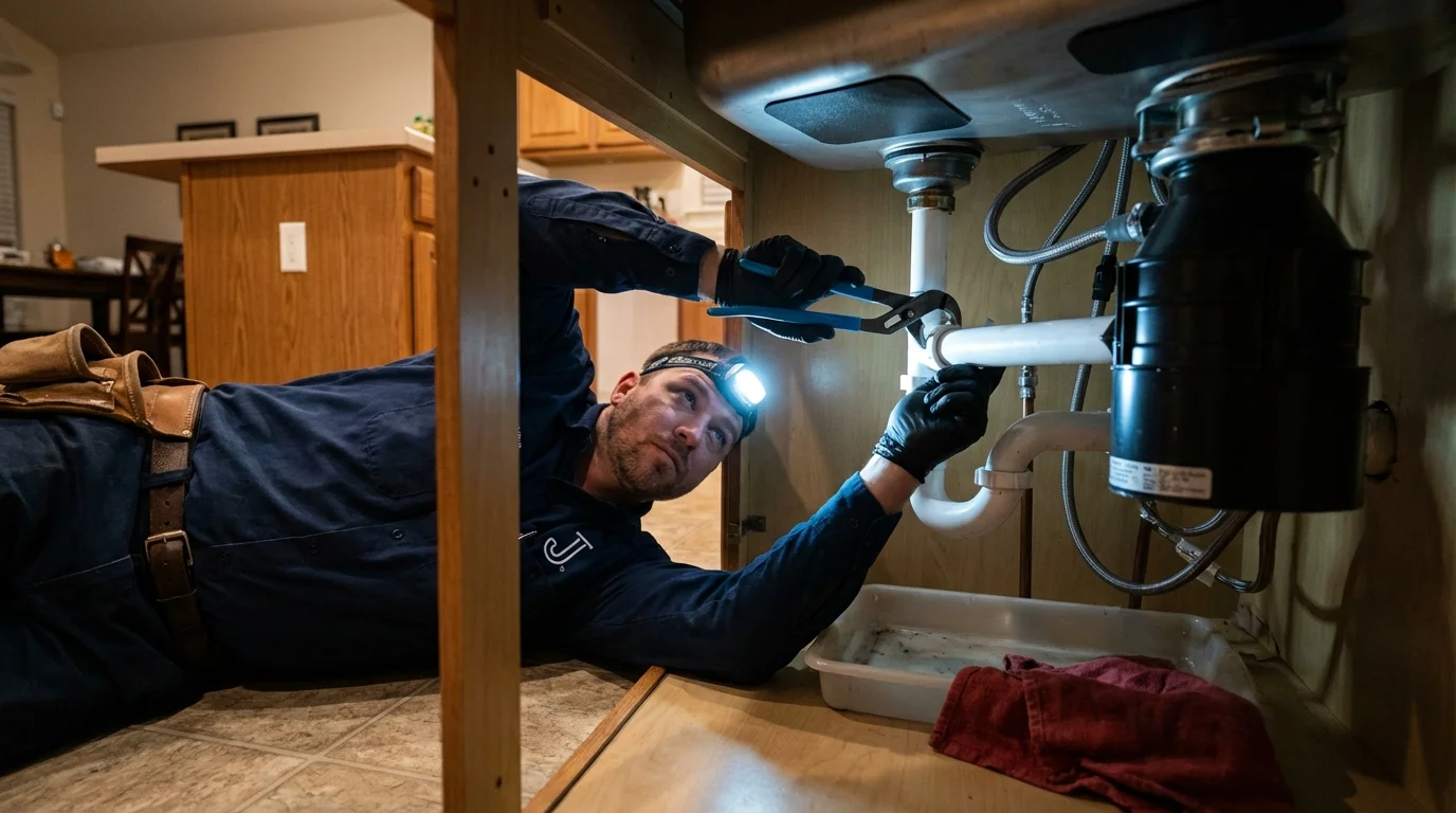 P-trap and supply line connections under a kitchen sink showing a common leak point in Leachville, AR